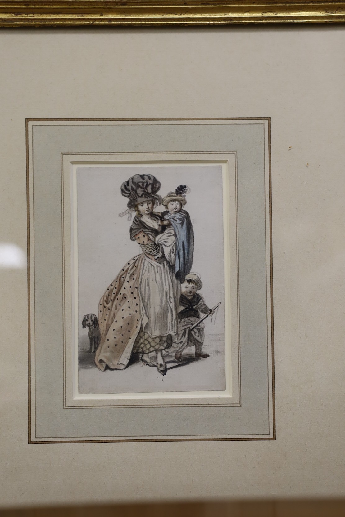 John Collet (1725-1780), two watercolours, Studies of 18th century ladies in elaborate outfits, 12 x 8cm